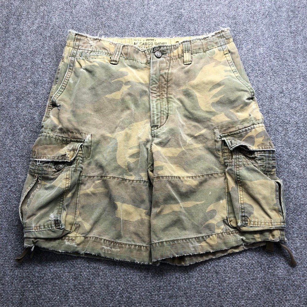 Vtg Abercrombie & Fitch Mens Camo Cargo Shorts Green Brown Twill Distressed 34